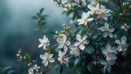 A beautiful jasmine plant with flowers, lush green leaves, and blooming blossoms.