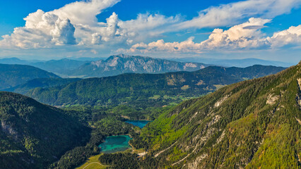 Drone aerial scenic summer landscape of the Julian Alps, Europe