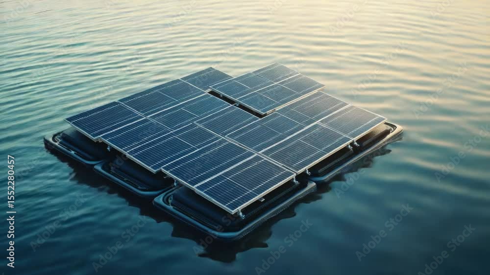 Poster floating solar panel on the surface of the water with reflection