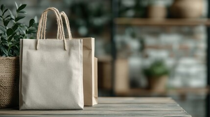 An aesthetic arrangement of stylish paper bags alongside greenery, capturing the essence of modern shopping and sustainable practices in a cozy, indoor atmosphere.