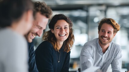 A diverse group of young professionals are engaged in a lively discussion, showcasing collaboration and a positive team environment.