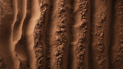 Aerial view of patterns and textures in sandy desert with ridges and rocks