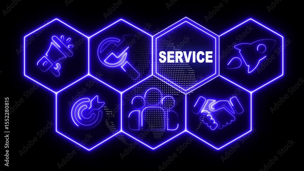 Poster neon line business consulting service concept display with hexagon shapes and sciencetic symbols on 