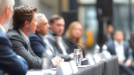 Professional panel speaking at conference. Business event with blurred background. People, microphone, and water on table.