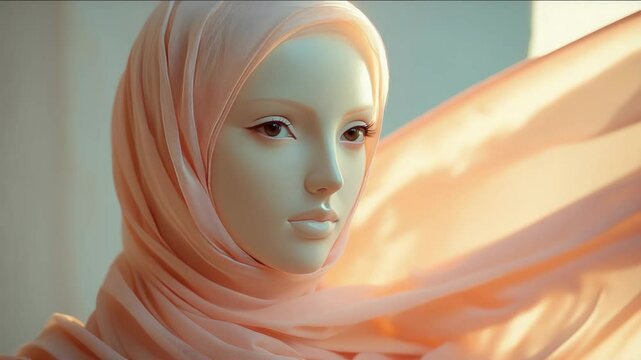 A woman in a delicate pink hijab. The veil is thrown over her head and very long. Muslim woman in a hijab. The bride is a maneken in a wedding white festive dress and a hijab. Modesty. Religion of Isl