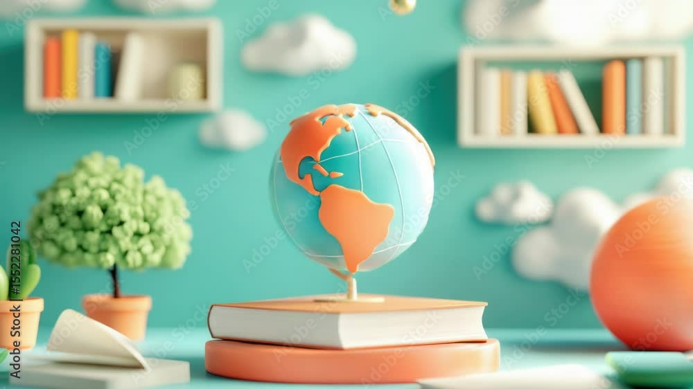 Poster a globe sits atop a stack of books, conveying knowledge and learning