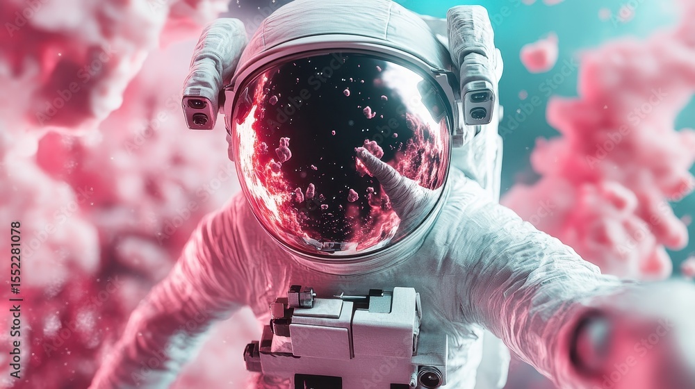 Poster an astronaut captured in a mesmerizing surreal space environment, showcasing vibrant colors and cele