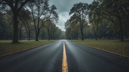 Empty asphalt road in park with trees lining both sides and a yellow centerline.