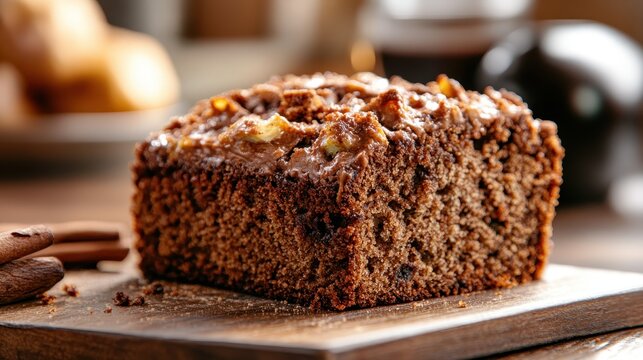 A tempting chocolate cake with a moist texture and a nutty topping, set against a soft background, evoking feelings of indulgence and comfort in the world of desserts.