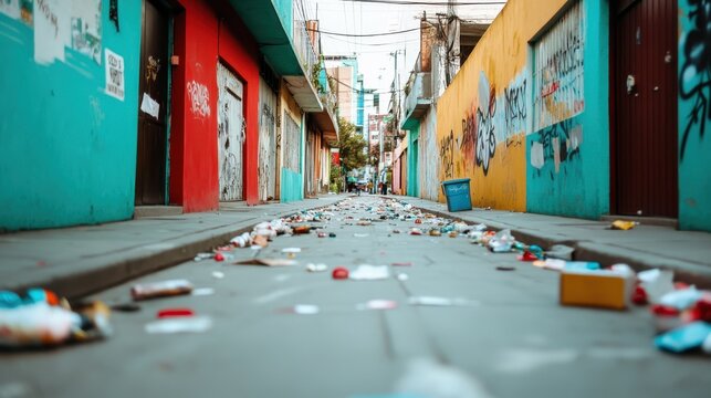 A narrow alleyway filled with scattered trash amidst vibrant murals that depict the urban environment's struggle with waste and public expression through graffiti art.