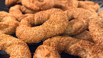 Fresh Baked Sesame Bagels Close-up Background