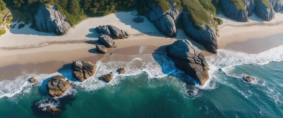 Aerial view of rocks at Strand Beach on the Atlantic Ocean with shoreline and water. Coastal landscape and geological features. The scene illustrates the natural beauty of beach formations.