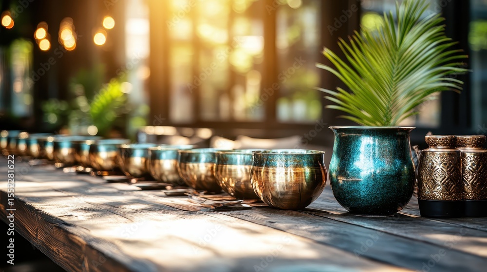 Poster a beautifully arranged table features an array of decorative vases and candles, surrounded by warm n