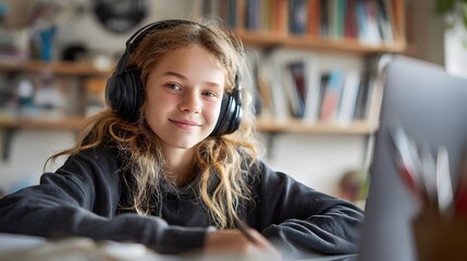 A young girl wearing headphones smiles warmly while focused on a laptop, possibly studying or taking an online class in her home.
