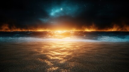 A breathtaking sunset over an ocean, with fiery skies and gentle waves, symbolizes tranquility and nature&rsquo;s beauty, inviting viewers to reflect on calm moments in life.