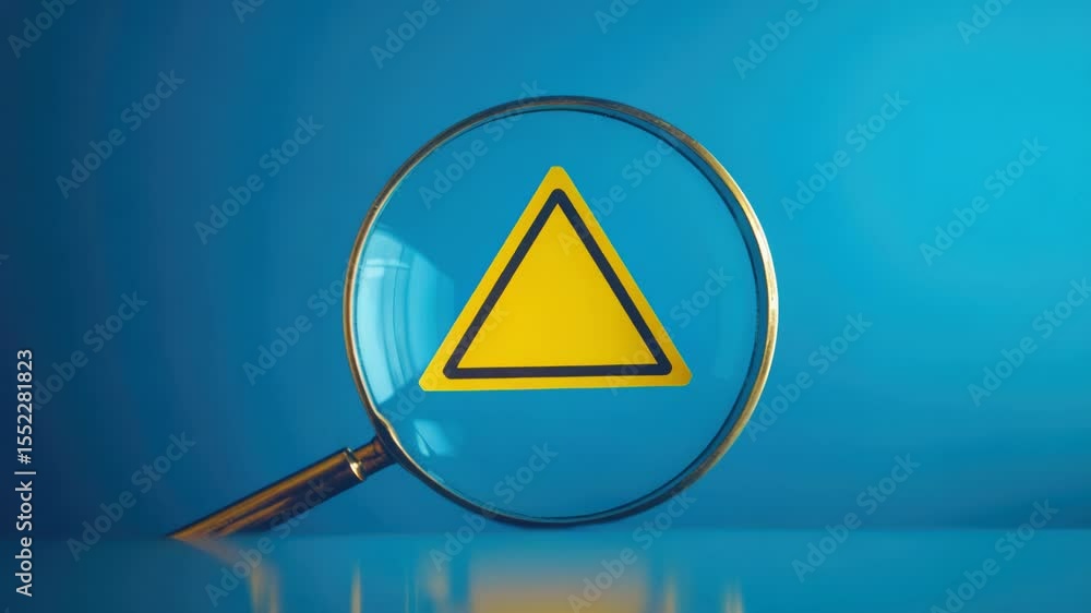 Poster a close-up of a magnifying glass with a bright yellow triangle symbol, useful for searching or inspe