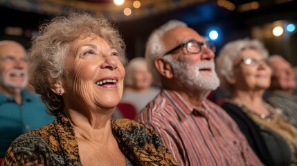 A group of cheerful senior citizens enjoys an event with bright lights, their faces lit with joy and excitement, attending together.