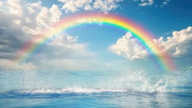 A dolphin jumps out of the water with a vibrant rainbow in the background, perfect for use in designs related to ocean themes or as a symbol of freedom