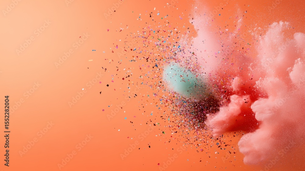Poster an artistic representation of colorful splashes and particles in vibrant hues, conveying dynamism an