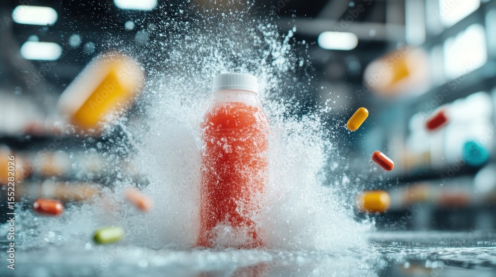 Aufkleber a colorful splash of juice combined with floating pills creates a dynamic visual moment, expressing 