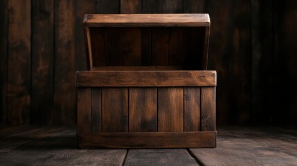 A rustic, empty wooden chest stands open against a dark background, evoking a sense of mystery, exploration, and the promise of untold stories just waiting to be discovered.