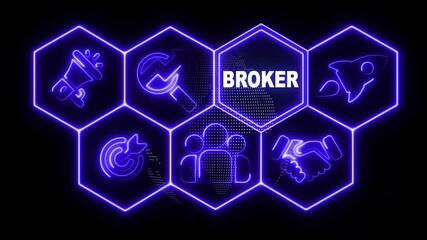 Neon line Mortgage Broker concept button on a futuristic computer screen display with hexagon shapes and sciencetic symbols on rotating world map icon. technology network background. 
