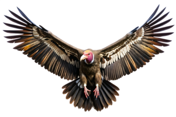 Red-headed vulture with wide open wingspan in flight against black background isolated on a transparent background