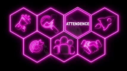 Neon line Attendance business concept display with hexagon shapes and sciencetic symbols on rotating world map icon. technology network background