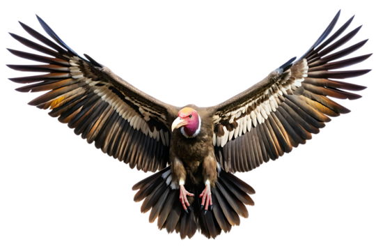 Red-headed vulture with wide open wingspan in flight against black background isolated on a transparent background