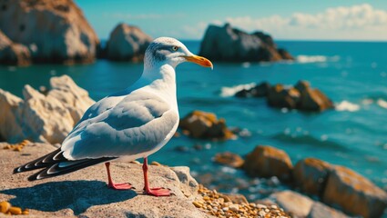 Fototapeta premium A seagull in front of the sea with rocks in the background