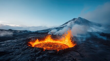 Fototapeta premium A stunning view of a lava eruption from a volcano against a scenic backdrop, capturing the raw power of nature and the dynamic energy of the landscape.