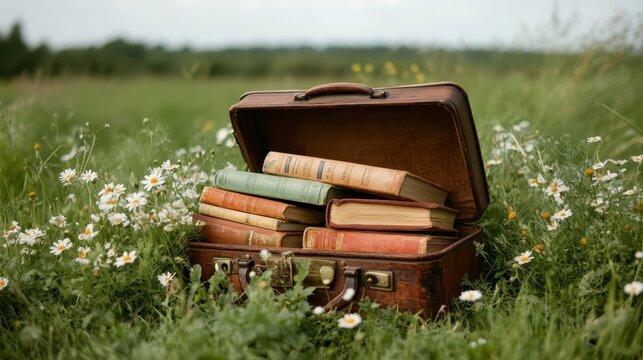 A vintage suitcase overflowing with old books sits on a tranquil grassy field, symbolizing adventure, knowledge, and the beauty of literature amidst nature's embrace.