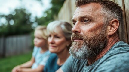 Fototapeta premium A reflective man sits with family, pondering life's moments with a serene expression, highlighting the beauty of connection and shared memories in everyday life.