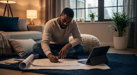 Focused Man Working on Architectural Plans at Home