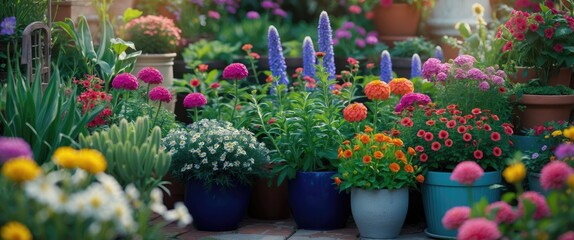 Fototapeta premium Flowering Annuals and Plants for planting summer garden and patio planters, lifestyle background, gardening hobby, outdoors, with empty copy space for text.