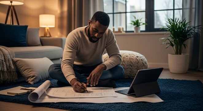 Focused Man Working on Architectural Plans at Home