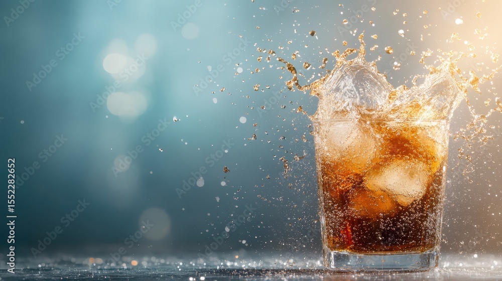 Poster this dynamic image captures a captivating splash of cola in a glass, showcasing the refreshing drink