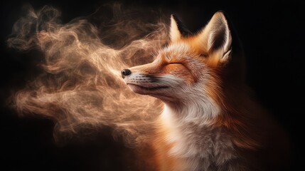 Fototapeta premium A mesmerizing close-up of a fox with closed eyes, showcasing an ethereal, dreamy expression, highlighting the captivating beauty of nature and the wild spirit of these creatures.