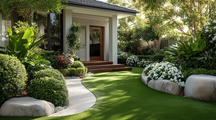 Fototapeta premium Dom otoczony bujnym, starannie zaaranżowanym ogrodem z zielonym trawnikiem i kwitnącymi roślinami. Harmonijna przestrzeń idealna do relaksu i spędzania czasu na świeżym powietrzu.