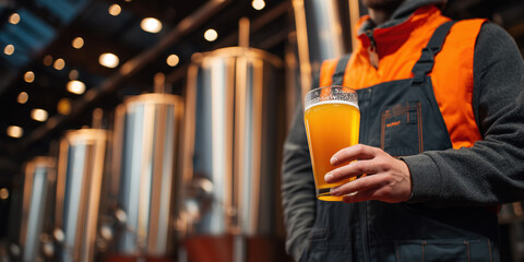 Brewer holding pint of freshly brewed craft beer in brewery