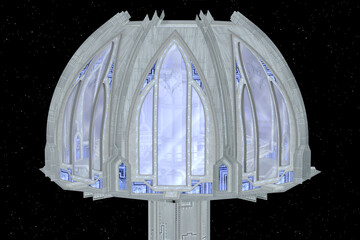 Future Sight Building - A futuristic dome building on a planet surrounded by bright stars.
