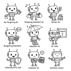 Set of 9 cute hand-drawn robot characters representing various AI technologies
