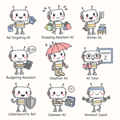 Set of 9 cute hand-drawn robot characters representing various AI technologies