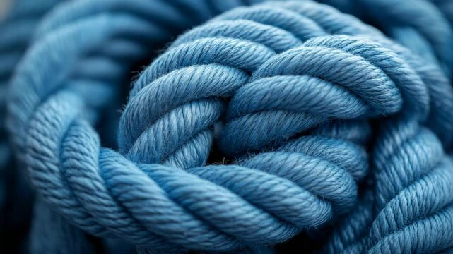 Close-up photograph of a thick blue rope tied in a complex knot, showing texture detail, on a dark blurred background, symbolizing strength