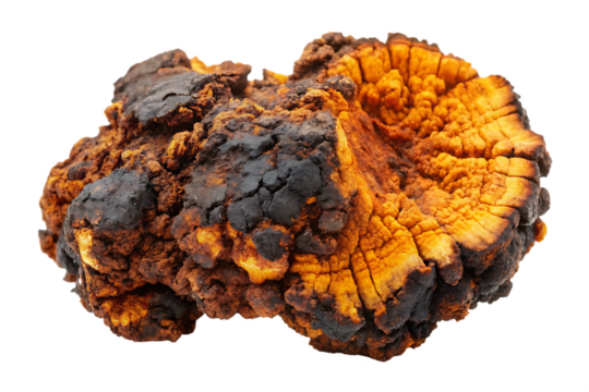 Rough textured Chaga mushroom with dark black and bright orange bumpy surface isolated on a transparent background