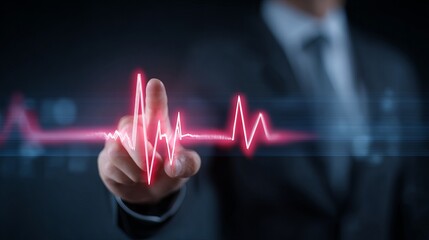 Businessman Hand Touching Digital Heartbeat Pulse Rate Monitoring Technology Concept Modern Medical Healthcare Innovation Digital Business Graph Red Line Graphic Design Abstract