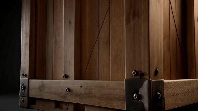 An ornate wooden crate with metal corners suspended by chains against a dark background displaying craftsmanship, wood texture and structural details.