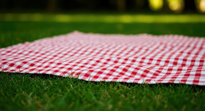 Picnic blanket featuring classic checks on green grass - Powered by Adobe