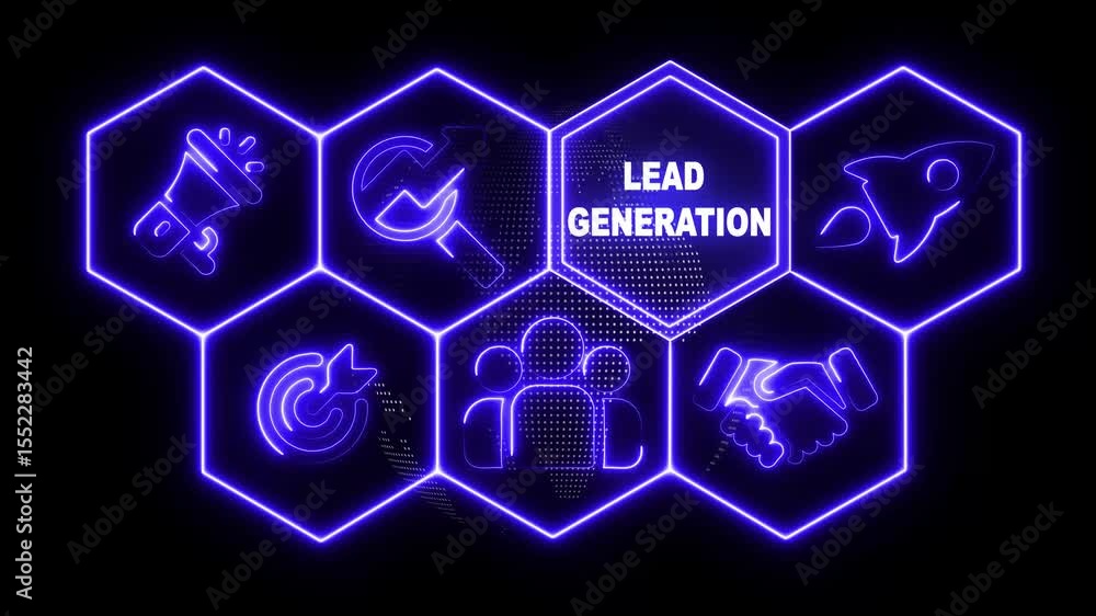Poster glowing neon line lead generation business concepton rotating world map icon with alpha channel. tec