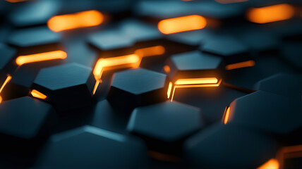 Obraz premium Abstract Hexagonal Dark Stone Surface with Glowing Orange Energy Lines; Futuristic Technology Background. Abstract Hexagon Network: Glowing Orange, Dark Background, Futuristic Technology Concept